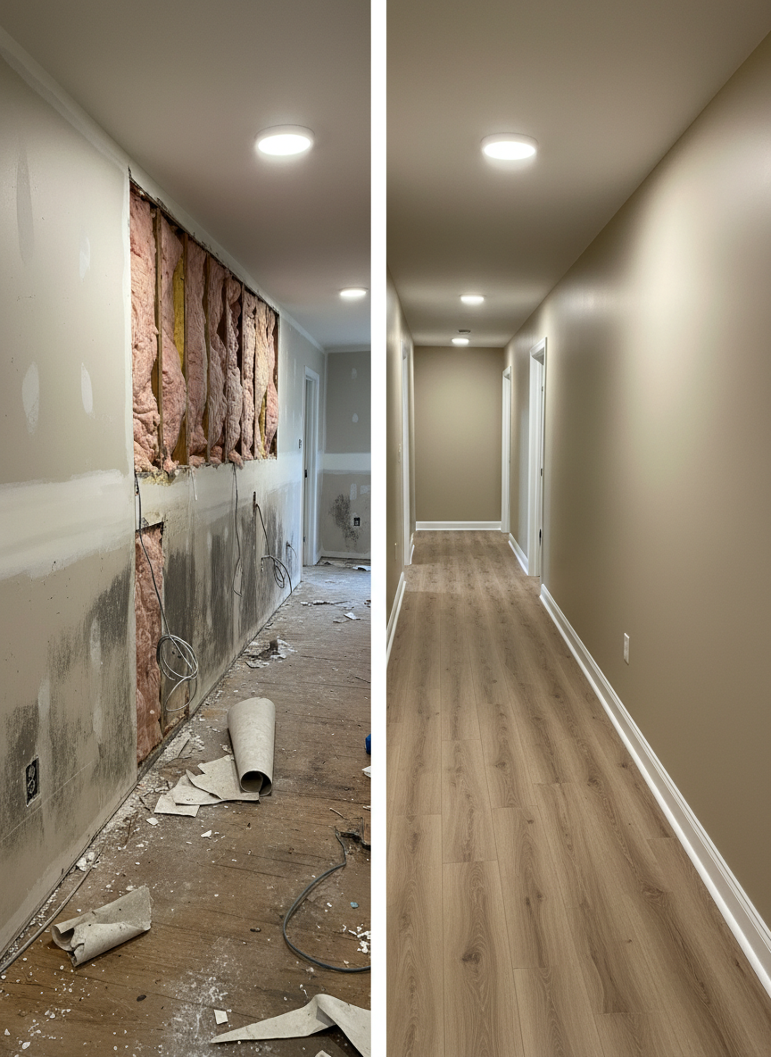 A split-view hallway scene showing a New Hampshire home’s corridor before and after post-remediation rebuild. On the left, dark, water-stained drywall, exposed insulation, and flooring pulled back to the subfloor; on the right, the same space with smooth, freshly painted light taupe walls, new luxury vinyl plank flooring, and clean white baseboards. Overhead, simple flush-mount LED fixtures cast even, neutral light that unifies both sides. The camera is centered at eye level, the vanishing point drawing the eye straight down the hall, emphasizing depth and transformation. The atmosphere is calm, orderly, and trustworthy, rendered in photographic realism to communicate the thoroughness of professional reconstruction services.