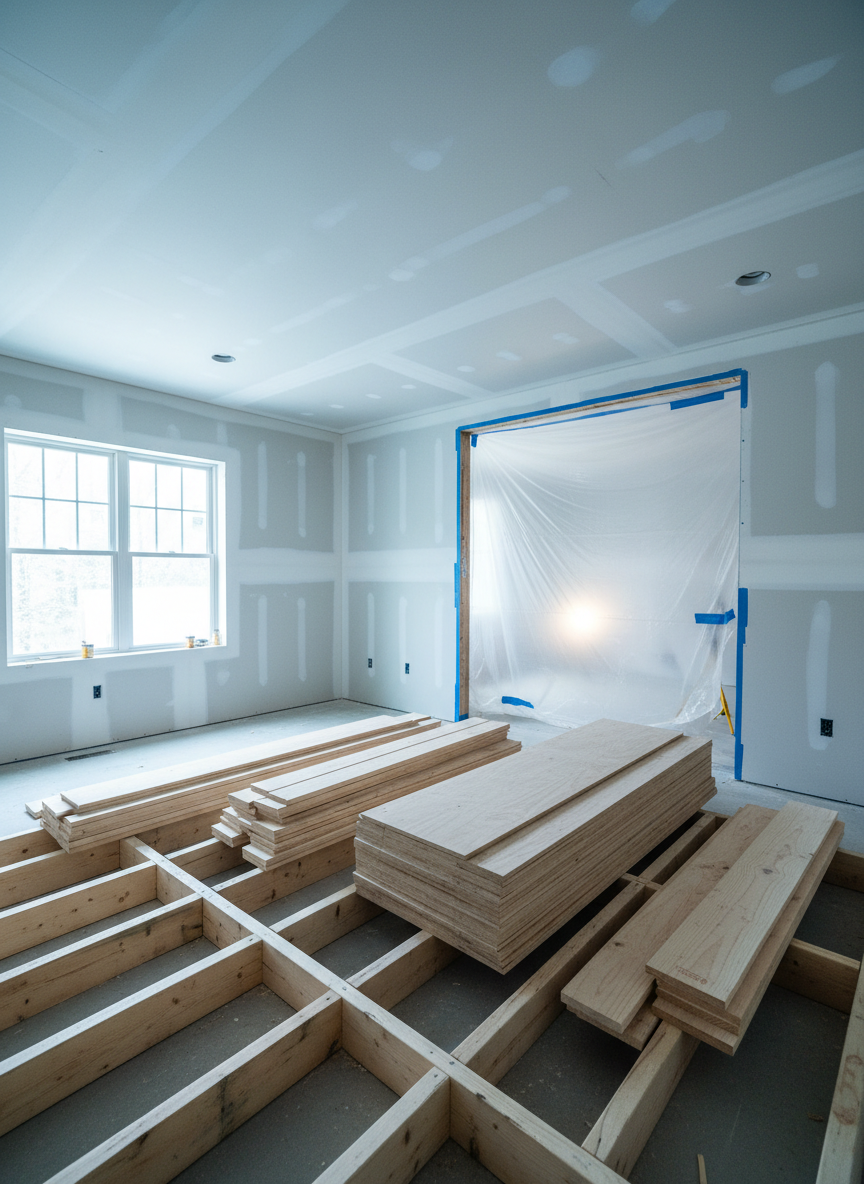 The interior of a New Hampshire living room mid-rebuild after mold remediation, with new framing, bright white mold-resistant drywall, and neatly stacked lumber awaiting installation. In the background, a sealed plastic containment area hints at the completed remediation phase. Cool, diffused daylight filters through newly installed double-pane windows, highlighting the fresh materials and clean lines. Captured with a wide-angle lens at eye level, the composition emphasizes depth from the open studs in the foreground to the finished surfaces in the back. The mood is optimistic and orderly, with photographic realism and a clean, professional aesthetic that underscores careful, code-compliant reconstruction work.