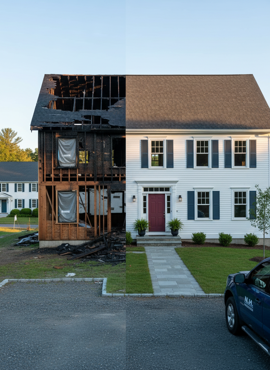 A freshly rebuilt New England colonial home with crisp white siding and dark slate-blue shutters, standing proudly beside its partially gutted previous shell. The left half of the frame shows the exposed studs, charred roofline, and sealed-off fire damage; the right half reveals the finished, restored exterior with new windows and trim. Late afternoon natural light creates warm highlights on the rebuilt façade and softer, cooler tones on the damaged section. Shot at eye level from the driveway with photographic realism, the composition uses a clear vertical divide between “before” and “after,” evoking professionalism, hope, and stability while showcasing post-remediation reconstruction in an authentic New Hampshire neighborhood setting.