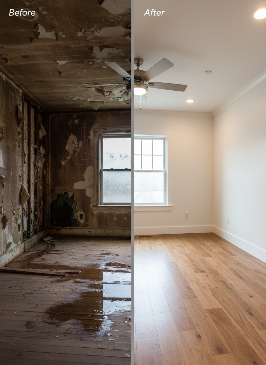 A split-panel before-and-after image for a New Hampshire home rebuild company. Left half shows a severely water-damaged or mold-damaged room interior — dark, stained walls, peeling paint, warped flooring, and visible structural damage. Right half shows the same room fully restored — clean white walls, fresh flooring, modern finishes, bright lighting. A thin vertical dividing line separates the two halves with subtle "Before" and "After" labels. Photorealistic, professional quality, suitable for a remediation and rebuild specialist's website.