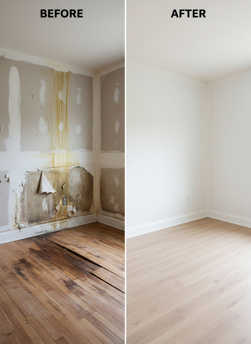 A split-panel before-and-after photo showing water damage restoration. Left side labeled "Before": a room with severe water damage — buckled hardwood floors, water-stained and bubbling drywall, peeling paint, and visible moisture damage along the baseboards. Right side labeled "After": the same room fully rebuilt — fresh drywall, new flooring, clean white paint, bright and dry. A thin vertical dividing line separates the two halves. Photorealistic, professional quality, portrait orientation.