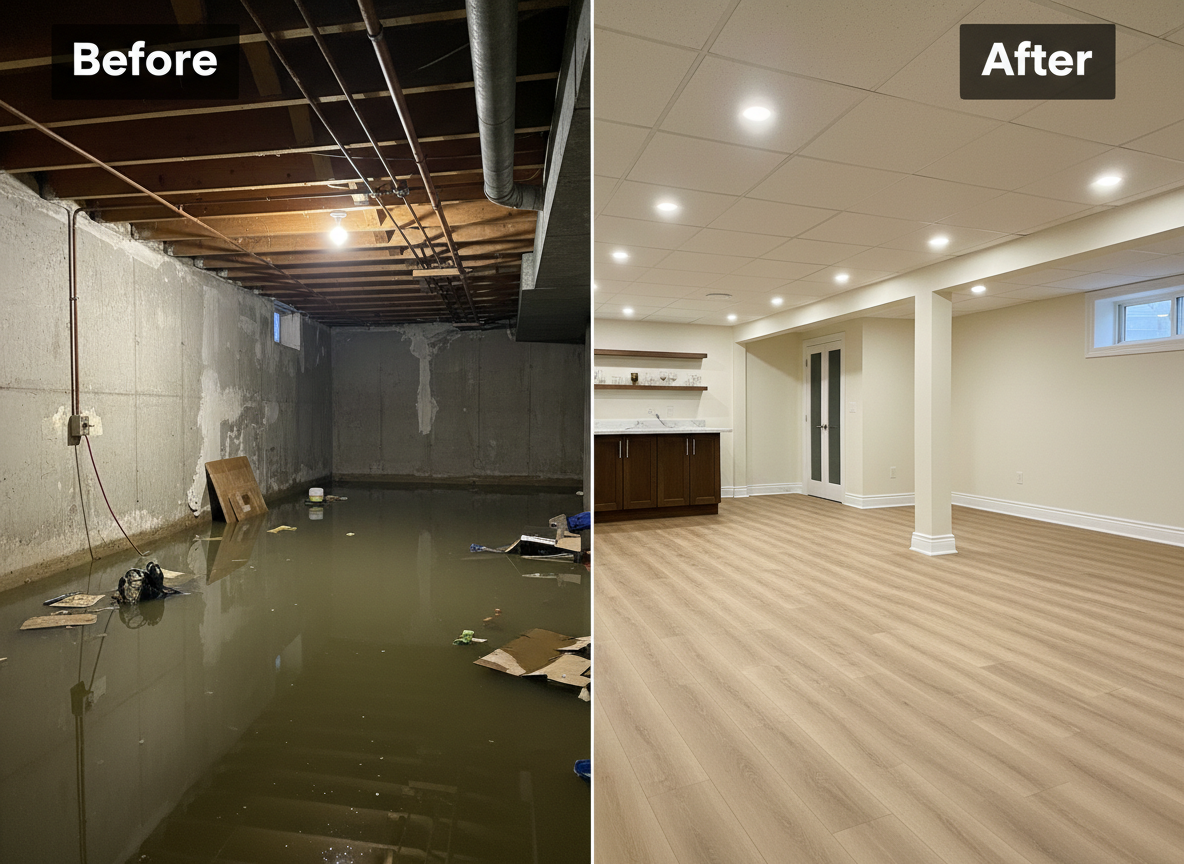 A split-panel before-and-after photo showing water damage restoration. Left side labeled "Before": a basement with severe water damage—buckled hardwood floors, water-stained and bubbling drywall, peeling paint, and visible moisture damage along the baseboards. Right side labeled "After": the same basement fully rebuilt—fresh drywall, new flooring, clean white paint, bright and dry. A thin vertical dividing line separates the two halves. Photorealistic, professional quality, portrait orientation.